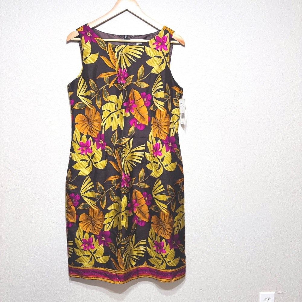 NWT Rafael BALI HAI Boho Tropical Botanical Print 100% Silk Sleeveless Dress